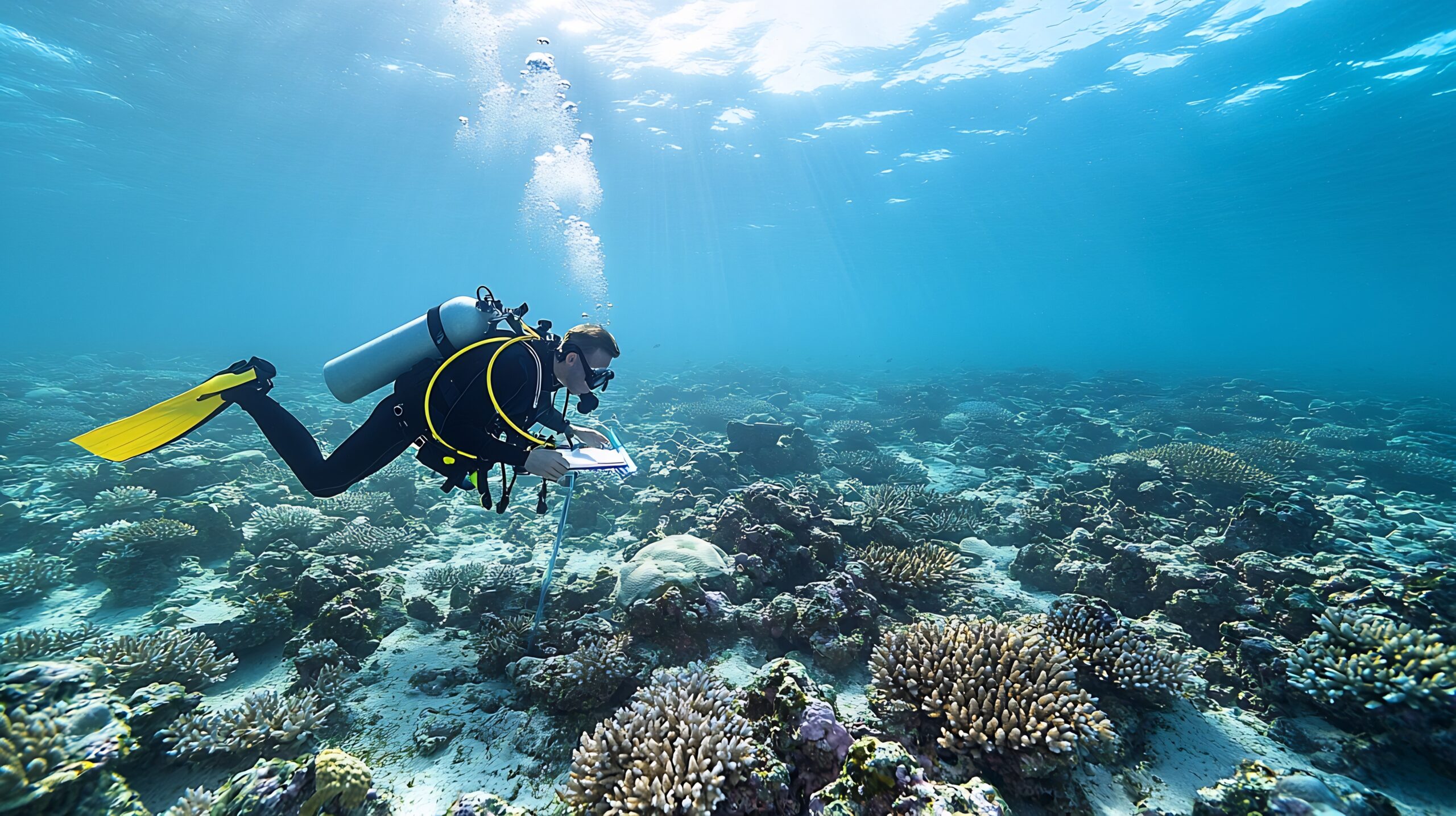 Diver carefully collecting data on the health and condition of a coral reef using scientific instruments while soft sunlight filters through the ocean water