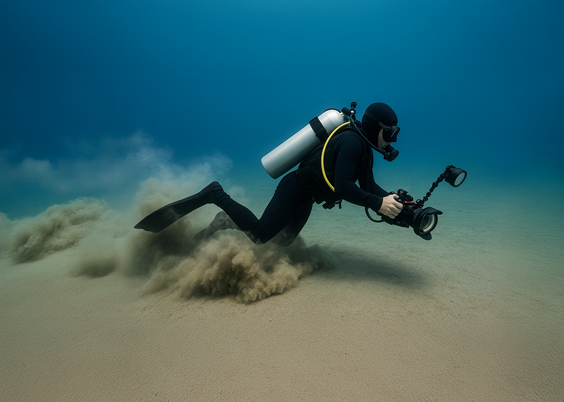 Diver in sand plume