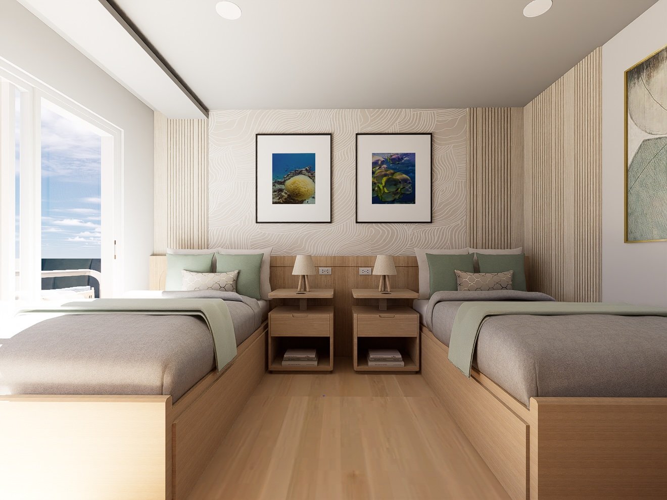 Solitude Gaia Maldives stateroom with balcony and ocean view, twin share configuration