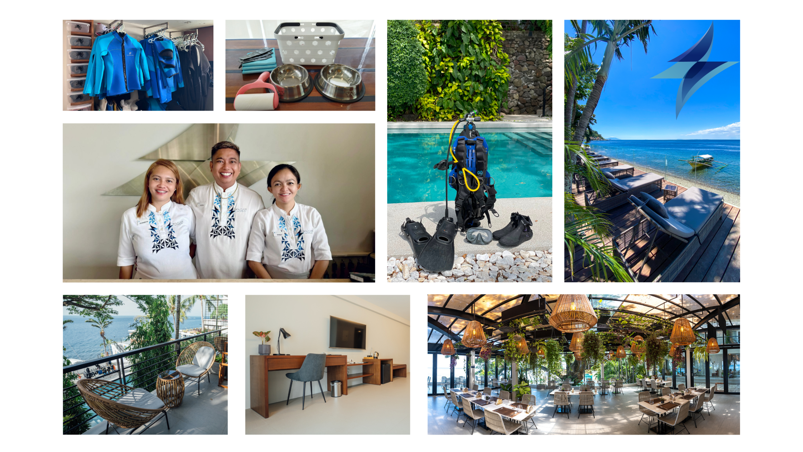 Collage representing the little things that make a great dive holiday, including underwater photography, comfortable social spaces, liveaboard diving, camera facilities, universal power outlets and thoughtful guest experiences at Solitude World.