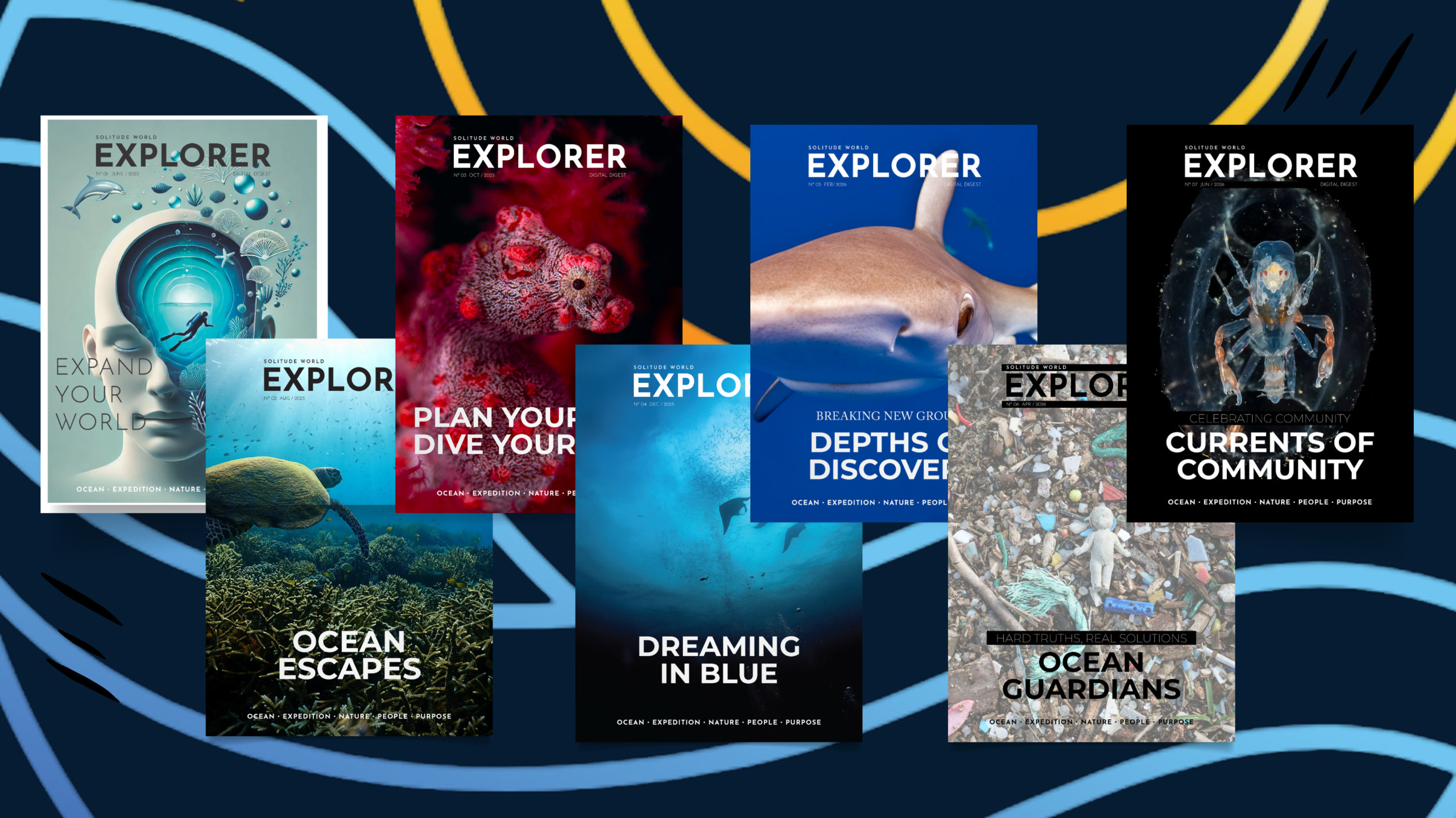 Open Explorer magazine on a table with diving journal, notebook and coffee, representing Solitude World's Digital Digest and thoughtful diving stories.