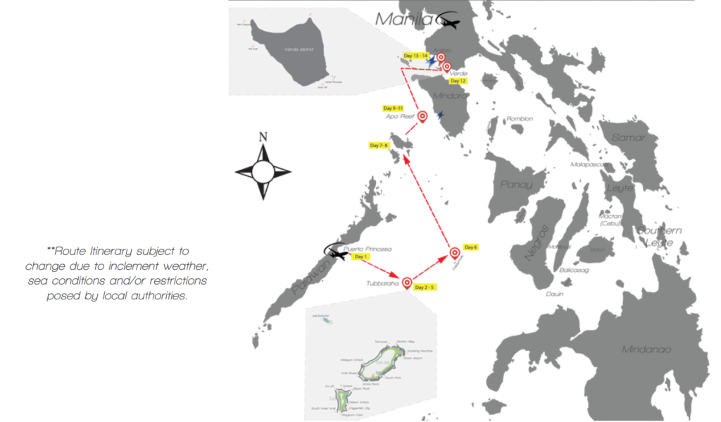 S1 Tubbataha - Apo Reef - Anilao (13 nights) Route map of the Solitude One 14-day liveaboard itinerary from Puerto Princesa through Tubbataha, Cagayancillo, Coron, Apo Reef, Verde Island and Anilao to Batangas.