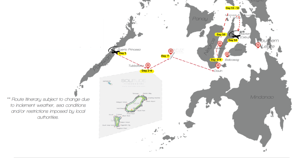Route map of the Solitude One 14-day liveaboard itinerary from Puerto Princesa through Tubbataha, Cagayancillo, Dauin, Apo Island, Moalboal and Malapascua to Cebu.