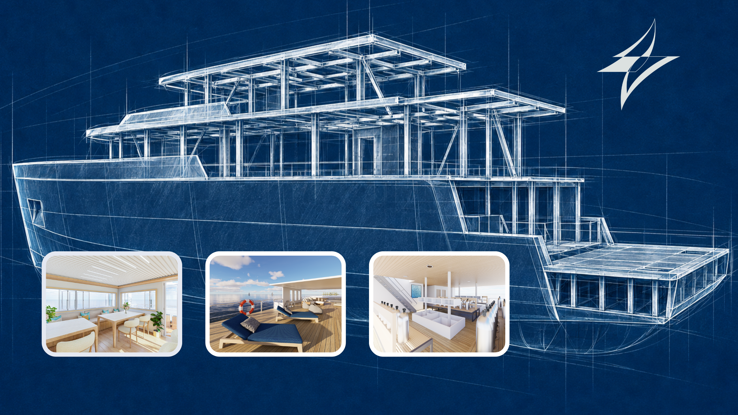 Conceptual blueprint-style illustration of Solitude Gaia Maldives under construction with an open stern dive-deck platform.