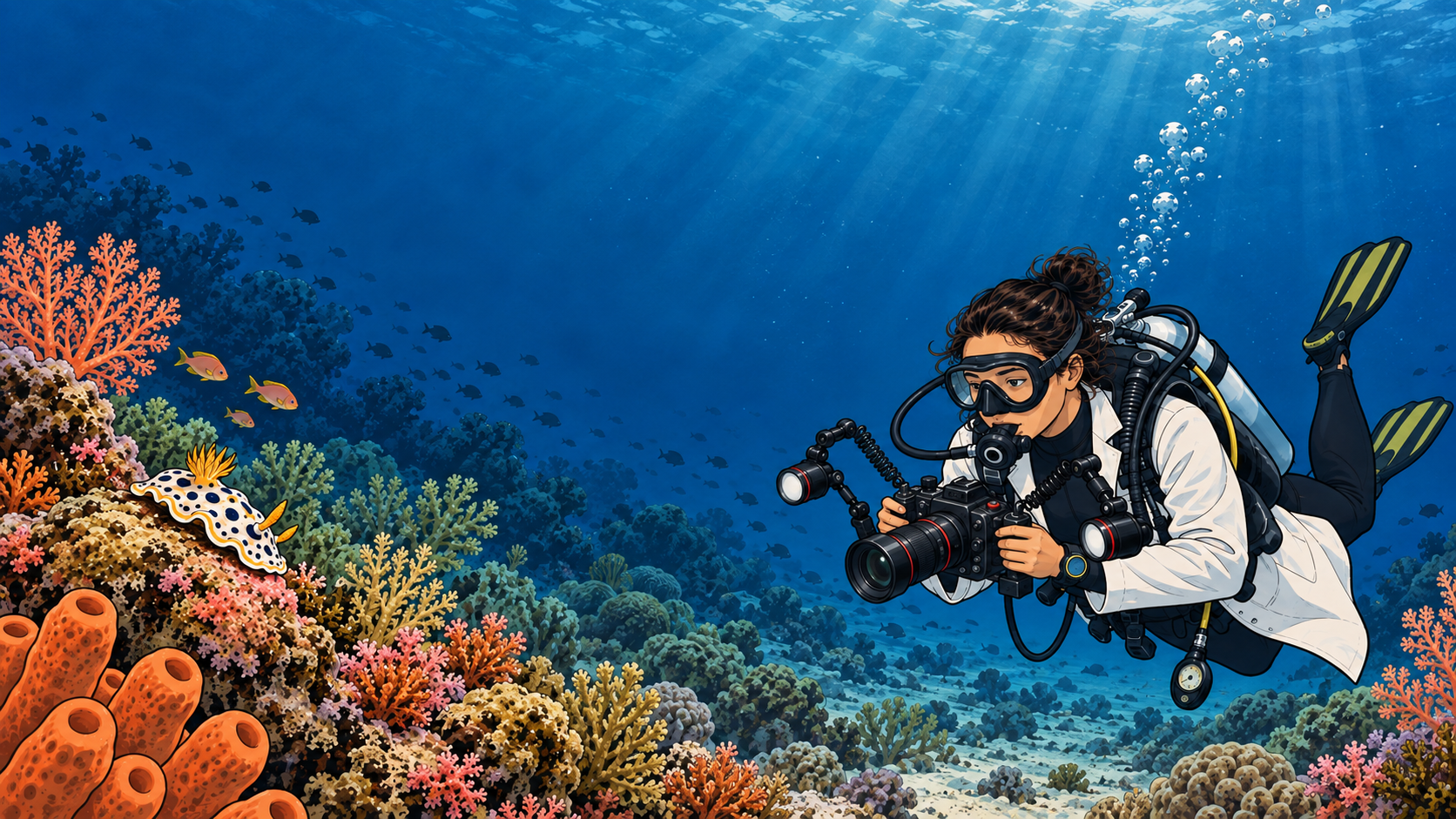 Scuba diver in a white lab coat photographing a nudibranch on a coral reef for marine citizen science.