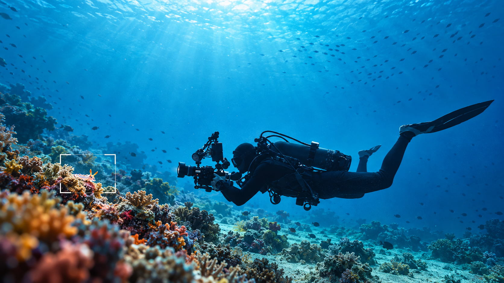 Illustration of a neutrally buoyant underwater photographer framing a nudibranch without touching the reef.