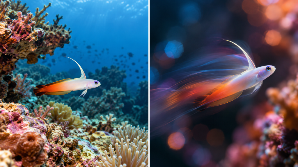 Two illustrative views of a reef fish underwater: one among coral and one with coloured light and a motion trail.