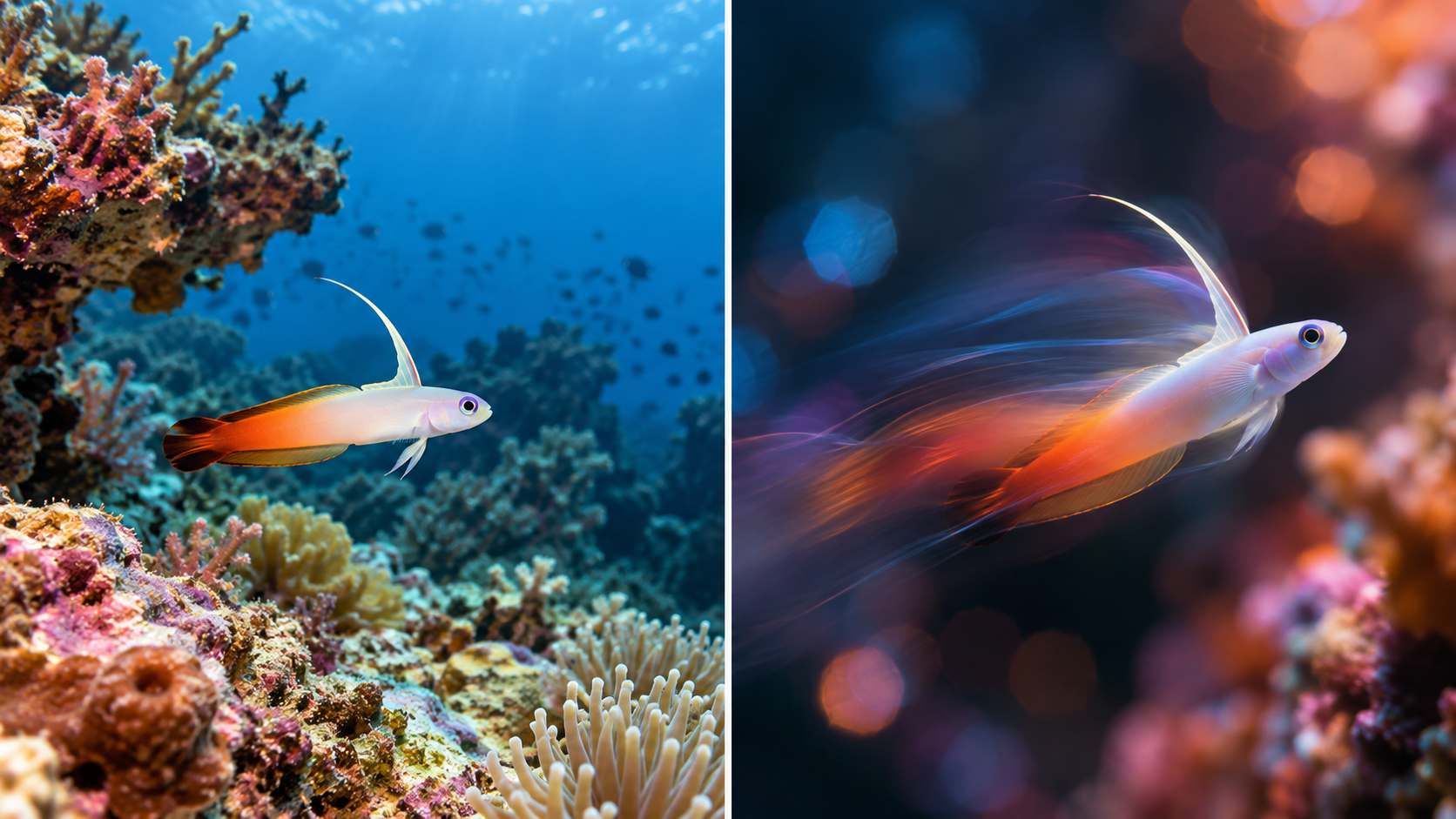 Two illustrative views of a reef fish underwater: one among coral and one with coloured light and a motion trail.