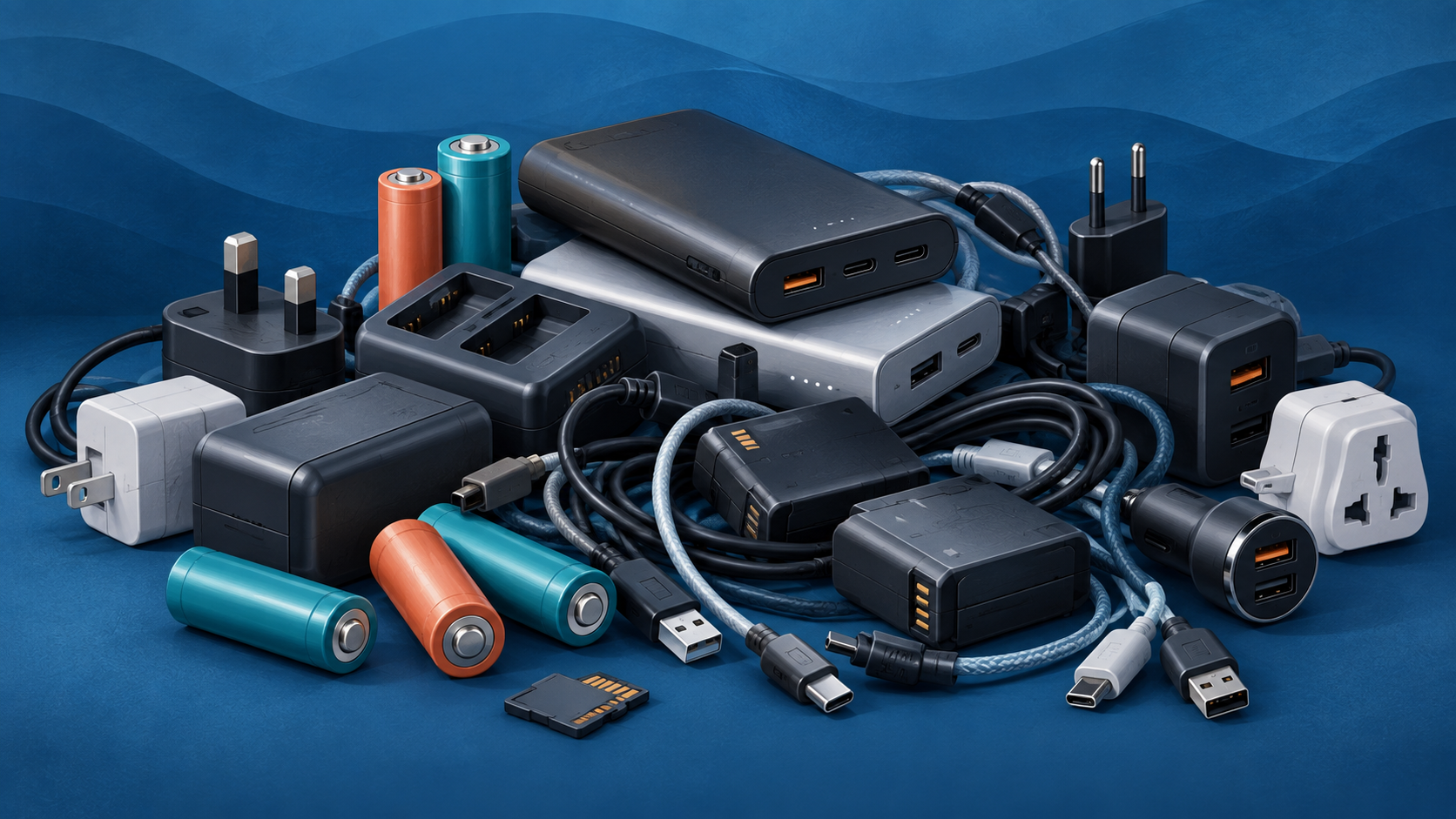 Rechargeable batteries, power banks, chargers, plugs and tangled cables arranged against a blue background.